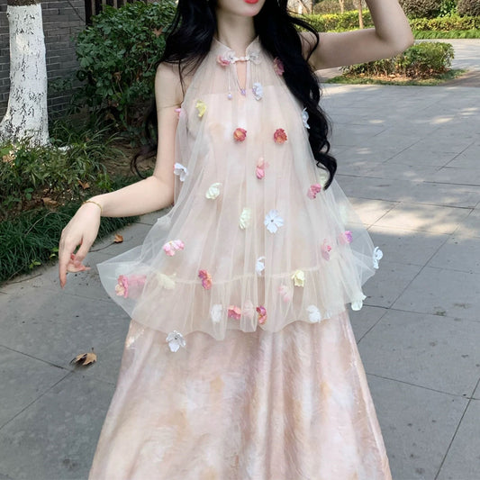 Fendai Liufang Heavy Craft Three-Dimensional Flower Halter Neck Printed Long Dress for Women Summer New Chinese Style Fake Two-Piece Off-Shoulder Dress