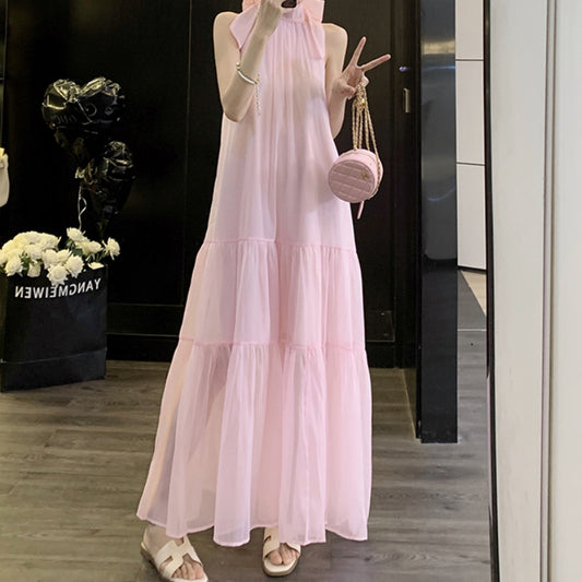 Elegant French Style Neck Hanging dress Bow Design Sense Salt Sweet Age-reducing Super Fairy Long Dress for Children
