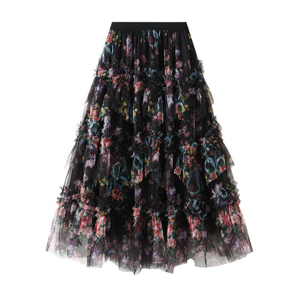 Stitching Color Flower Mesh Skirt Spring French Style Temperament Cake Dress