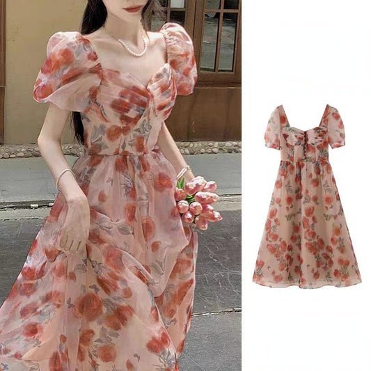 Stunning Fairy Tea Break Platycodon Square Neck High Waist Floral Dress for Women Summer French Style Elegant Chiffon Princess Long Dress