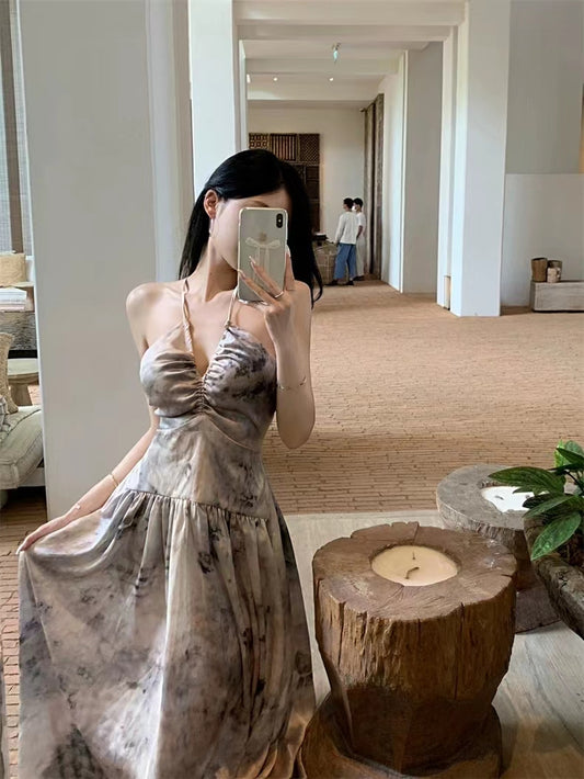Sweet and Spicy Girl Floral Strap Dress Fairy Summer Dress Beach Vacation Backless Sexy Elegant Waist-Cinching Long Dress