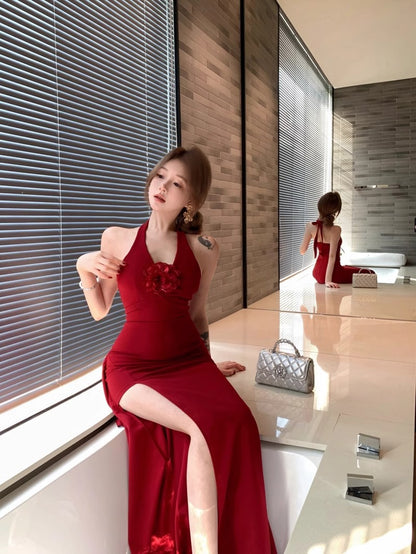 Red Three-Dimensional Flower Halter Neck Dress for Women, Summer Slim Fit Long Dress, Pure Desire Waist-Cinching Slit Bodycon Dress