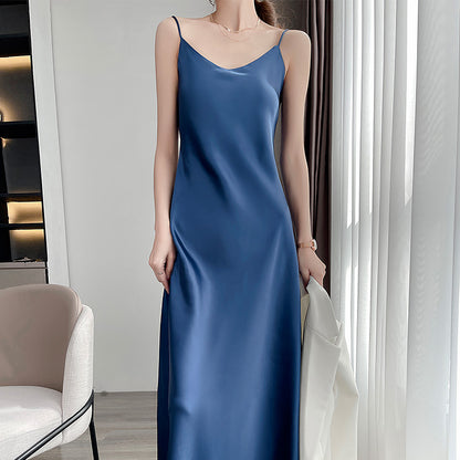 Summer New Mid-Length Sleeveless Off-Shoulder Light Luxury Mulberry Silk Acetate Satin Imitation Silk Strap Dress for Women