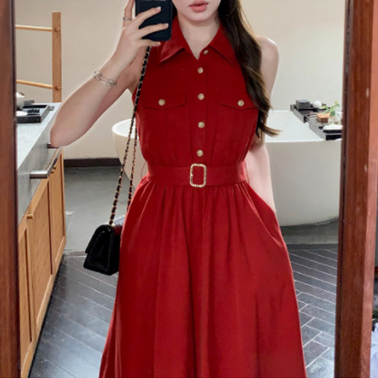 Linen + Lyocell Elegant Red Dress Shirt Dress Shirt Collar Sleeveless Single Breasted