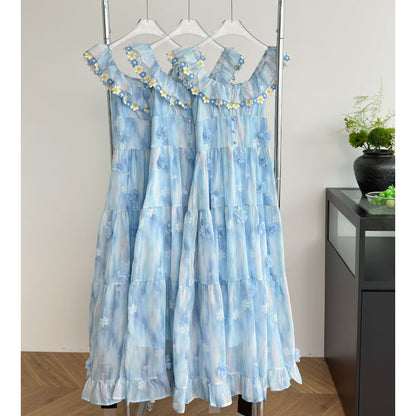 Blue Long Chiffon Printed Dress with Flutter Sleeves, French Sweet Style, Slimming Dress