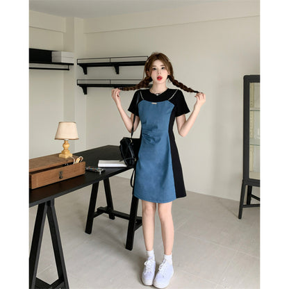 Small Size plus size Not Pick Body Retro Denim Stitching dress Women's New Summer Skirt Belly Covering Slim A- line Skirt