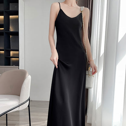 Summer New Mid-Length Sleeveless Off-Shoulder Light Luxury Mulberry Silk Acetate Satin Imitation Silk Strap Dress for Women