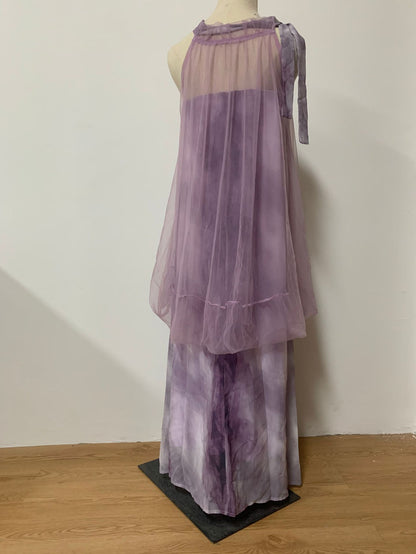Light Raspberry Powder Jacquard Mesh Halter Fake Two Pieces Dress High Sense Morning Gowns Sleeveless Skirt