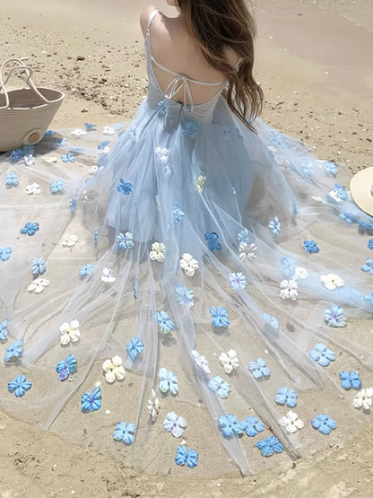 Summer New "Sea Salt Mint" French Gentle Romantic Three-dimensional Flower Elegant Blue Sling dress