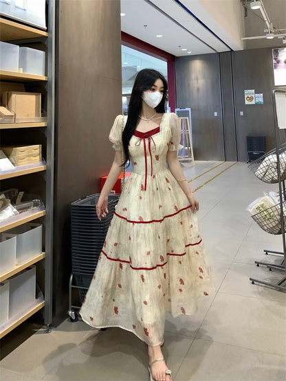 Plus Size Women's French Style Color Block Print Dress Waist Slimming Square Neck First Love Long Dress