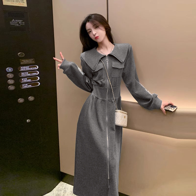 Gray Sweatshirt Dress for Women, Spring and Autumn Fashionable and Stylish, Youthful and Elegant Turn-down Collar Casual Dress