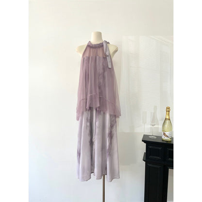 Light Raspberry Powder Jacquard Mesh Halter Fake Two Pieces Dress High Sense Morning Gowns Sleeveless Skirt
