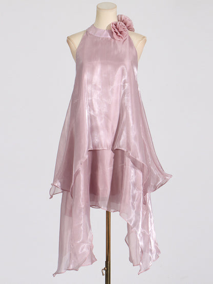 Fashion Sweet Style Floral Halter Neck Design Sleeveless Irregular Satin Dress for Women