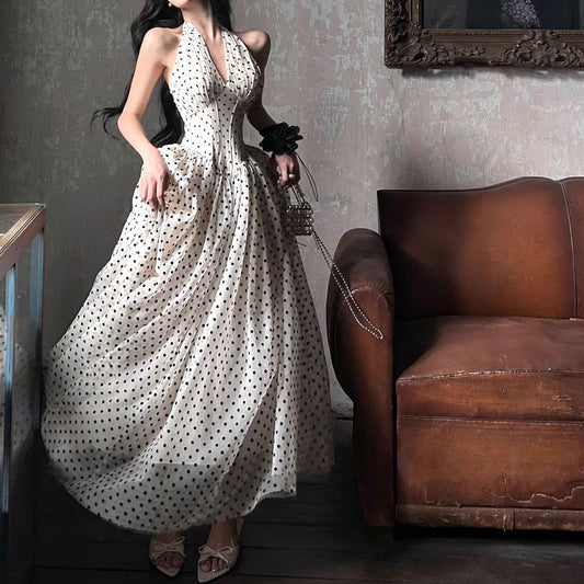 Polka Dot Halter Neck Dress for Women New Fishbone V-neck Long Dress Elegant Waist-cinching Gentle Style Trend