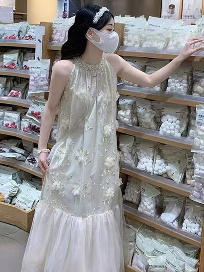 Lace Embroidered Vest Patchwork Long Sleeveless Fake Two-Piece Halter Dress