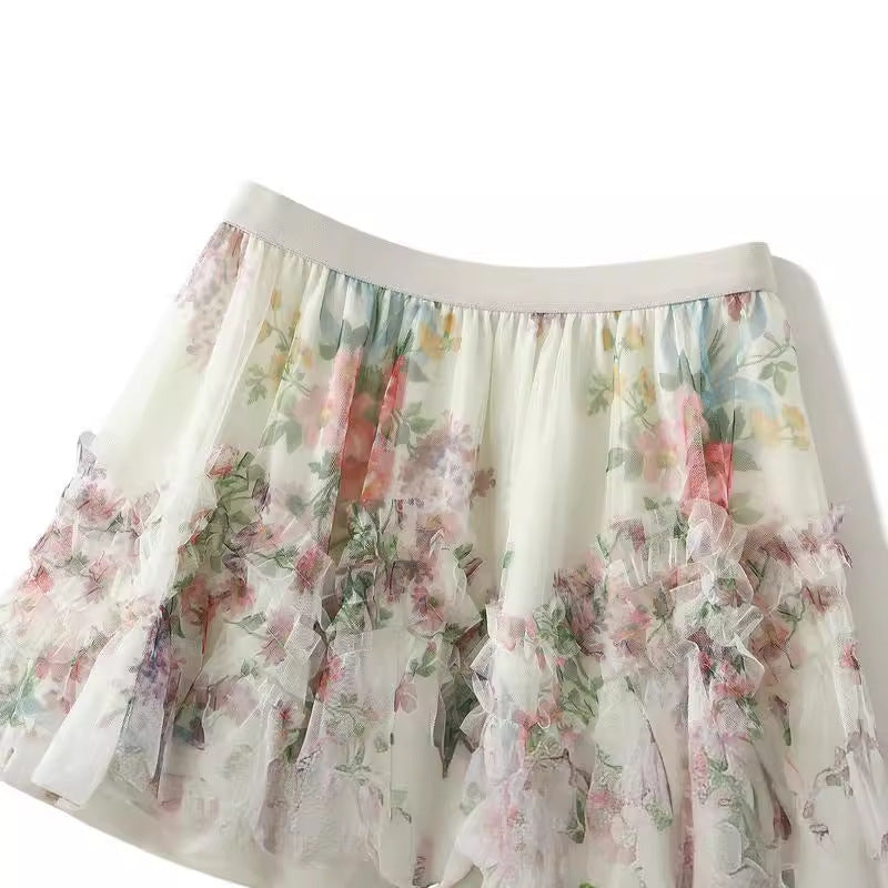 Stitching Color Flower Mesh Skirt Spring French Style Temperament Cake Dress